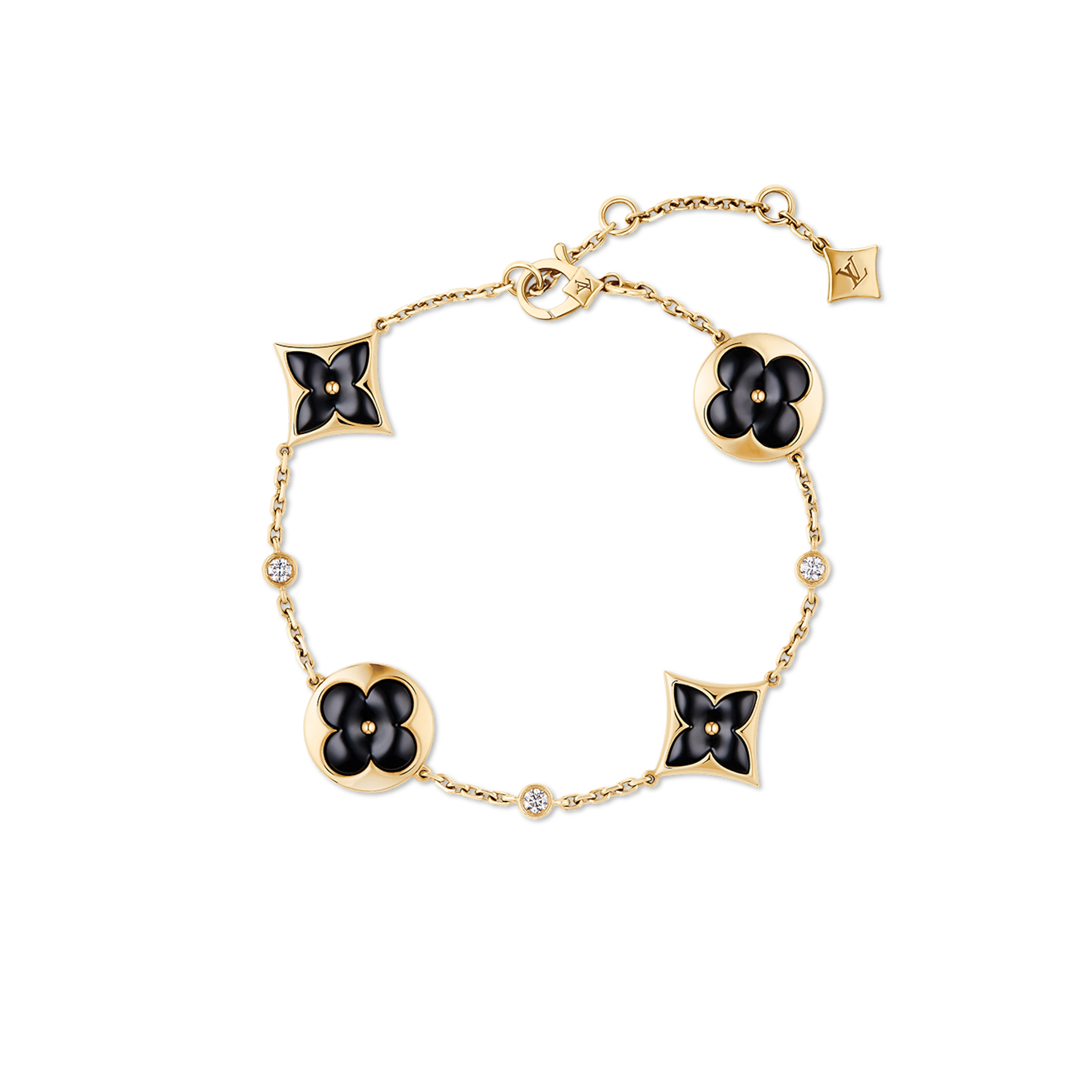 l**is V*t*n color blossom bb multi-motif yellow gold, onyx and diamond bracelet q05024
